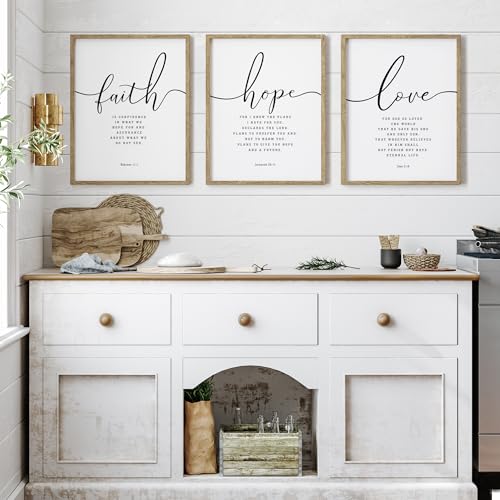 16x24 Inch Framed Religious Wall Art Set - Faith Hope Love Bible Verses Farmhouse Decor Brown Variation