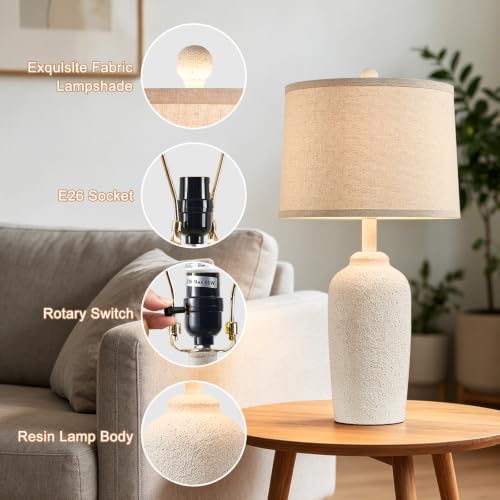 Farmhouse Table Lamp for Living Room & Bedroom - Antique White Stone-Like Bedside Lamp