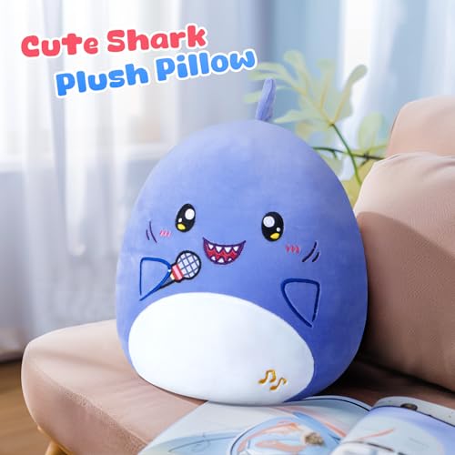 Glow Guards 12'' Shark Plush Pillow Cute Blue Shark Stuffed Animal Holding Microphone Soft Plush Toy Stuffed Animals Birthday Gift for Boys Girls Kids