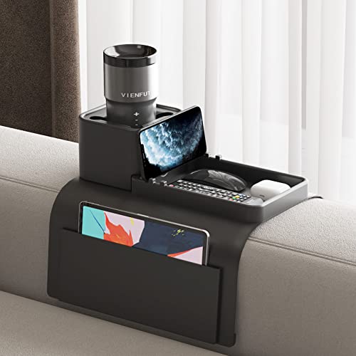 VIENFUT Black Silicone Couch Cup Holder & Tray – Larger Size Sofa Armrest Organizer