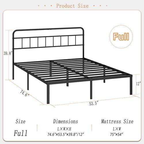 Kujielan 12-Inch Full Size Bed Frame with Minimalist Black Headboard