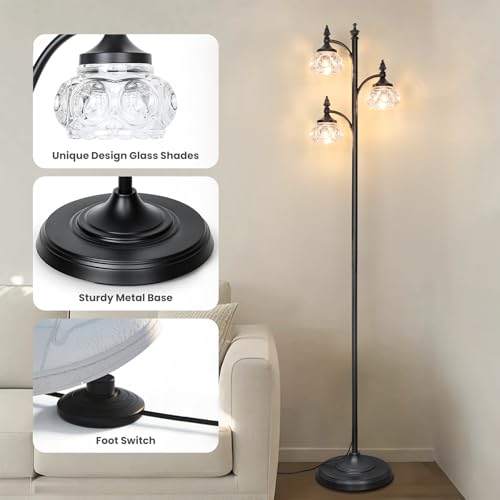 Black Floor Lamp with 3 Rotatable Glass Shades, Dimmable Tall Standing Lamp for Living Room & Bedroom