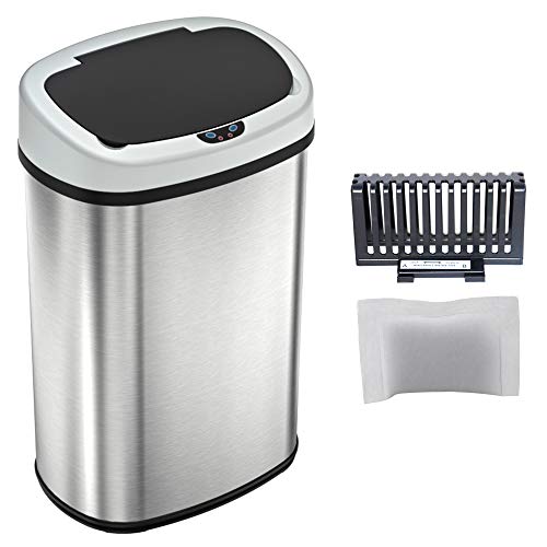 Touchless Kitchen Trash Can 13 Gallon Oval Sensor Bin with Odor Filter - Brushed Silver