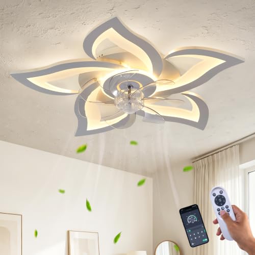 Ruibutrade 24'' White Flower Ceiling Fan with Lights Remote Control, Dimmable LED, 6 Speeds