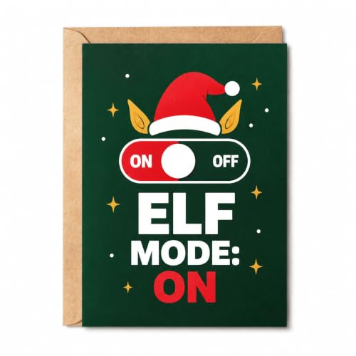 Elf Mode Christmas Card — ON/OFF Switch with Elf Ears, Dark Green 5x7