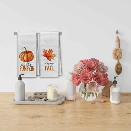 Dibor Fall Leaf Pumpkin Kitchen Towels Dishcloth Set of 2, Fall Gifts for Women, Burnt Orange Towels, Hello Pumpkin Autumn Leaf Decorative Dish Towel Hand Tea Towel for Bathroom Kitchen, 16x24 in