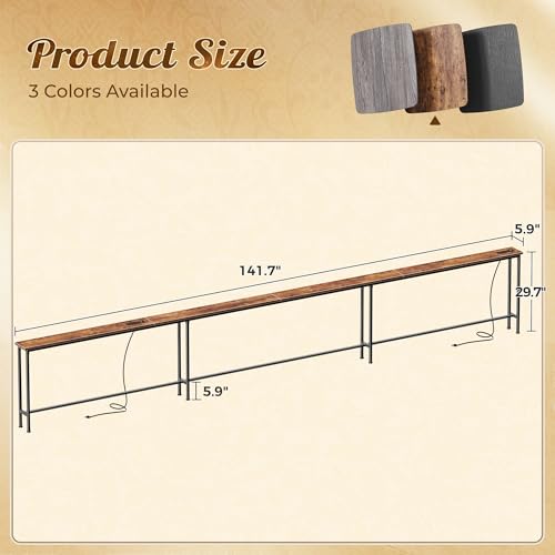 Rustic Brown 141.7 Inch Sofa Table with Power Outlets Behind Couch