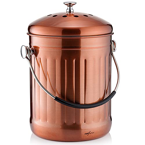 Stainless Steel Compost Bin for Kitchen Countertop - Premium 1.3 Gallon with Dual Filter - Matt Copper