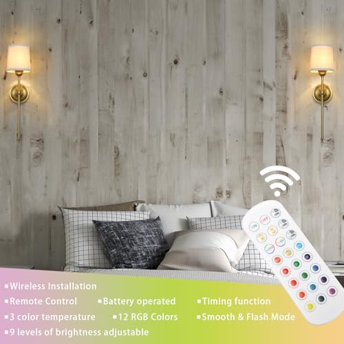 Battery Operated Wall Sconces Set of 2 with Fabric Shade - Dimmable, Remote Control, Modern & Retro Design