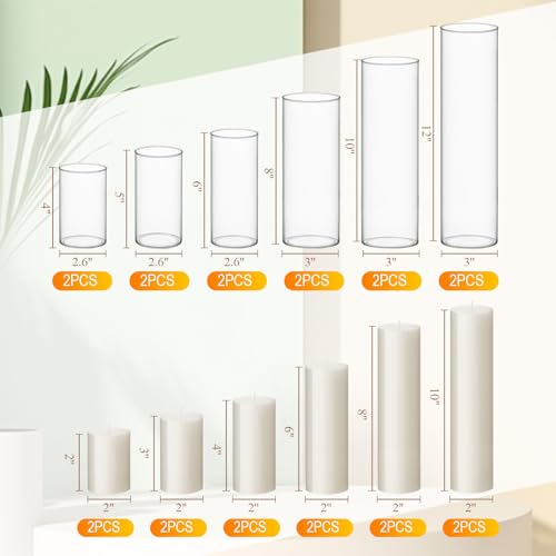 Ivory Glass Cylinder Vase Set with 12 Pillar Candles - 6 Sizes, Romantic Decor