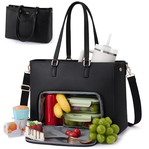 LOVEVOOK 15.6-Inch Black 3-in-1 Lunch Tote & Laptop Bag with Insulated Compartment