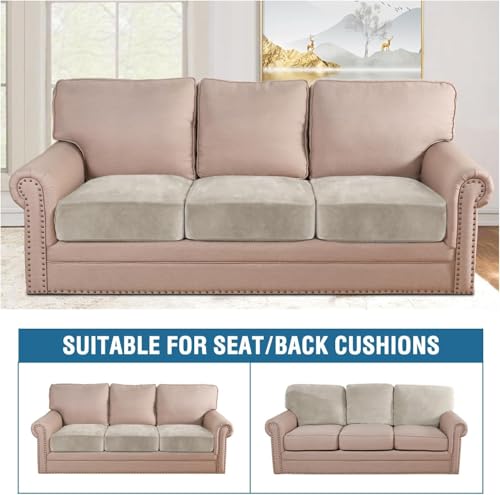 Velvet Couch Cushion Cover 3-Piece Set - Oatmeal Stretch Sofa Slipcover