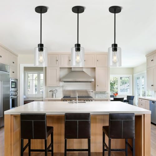 Black Pendant Lights Kitchen Island 2 Pack Modern Glass Fixture with Stem Rod - Black