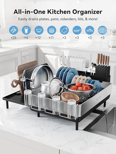 Expandable Dish Drying Rack with Flip-Up Holders - Black + Silver