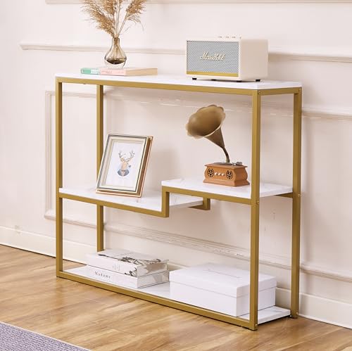 Faux Marble Console Table for Entryway - White Marble & Gold Frame, Modern Sofa Table, Space-Saving Design, 38 Inch Wide, Variation: White Marble / Multilayer