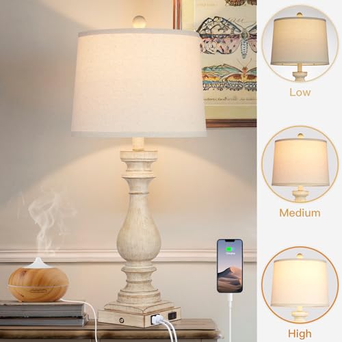 Beige 29-Inch Tall Farmhouse Table Lamp Set of 2 with USB C & A Ports, AC Outlet, Dimmable Touch Control