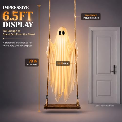 EMPJJLZ 6.5FT Hanging Swing Ghost Halloween Outdoor Decor with Remote Light Up & Motion