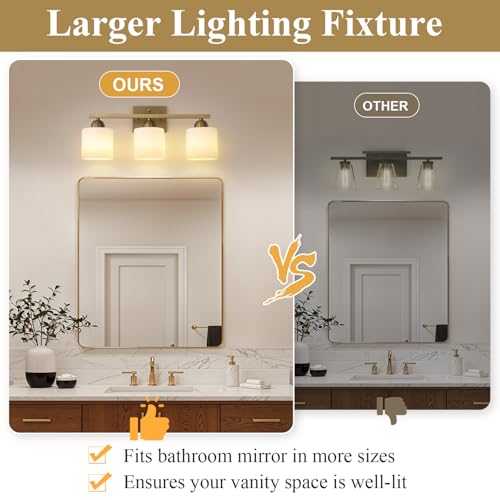 Brass 3-Light Milk Glass Vanity Light Fixture for Bathroom Wall Mount - Dimmable, UL Certified