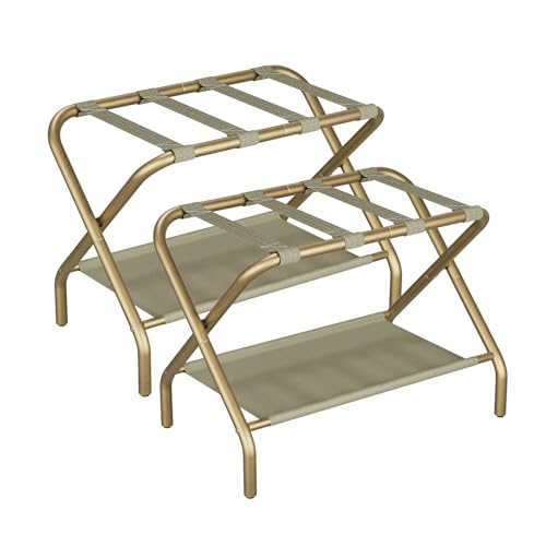 Gold Luggage Rack Set of 2 Foldable Suitcase Stands with Fabric Shelf for Hotel & Bedroom