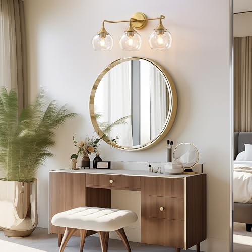 Gednbo Gold 3-Light Farmhouse Vanity Light Fixture 22 Inches - Dimmable Glass Globe Wall Sconce