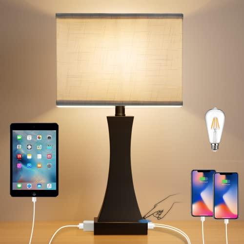 OYedis Black 3-Way Dimmable Touch Bedside Table Lamp with USB & AC Outlet