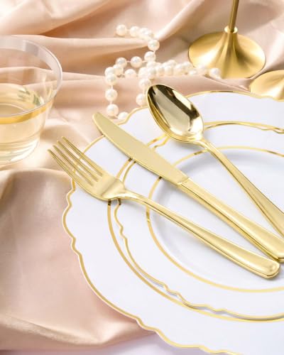 realluck Gold Rim Dinnerware Set for 50 Guests - 350 Pcs Disposable Plates & Cutlery