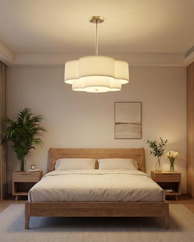 18-Inch Gold Pendant Light with White Fabric Shade - Dual Layer Quatrefoil Design, Adjustable Height