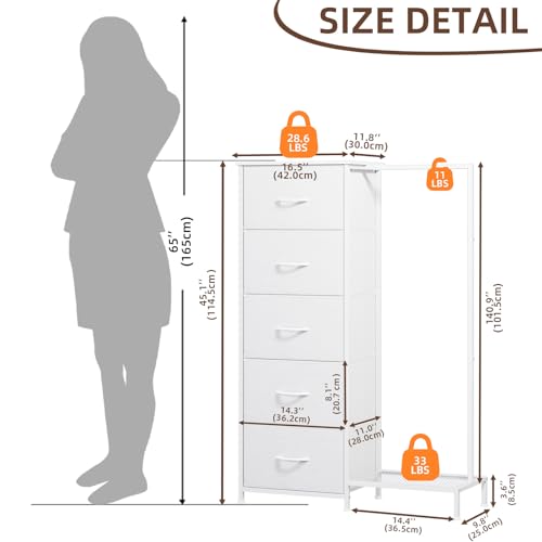 White Somdot 2-in-1 Dresser with Hanging Rack and 5 Drawers - Small Closet Organizer