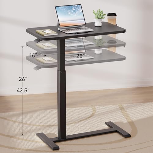 Small Standing Desk with Hidden Wheels & Adjustable Height - Overbed Bedside Table for Home Office, Pure Black (Medium)