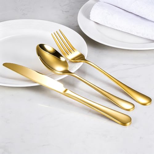 60-Piece Gold Stainless Steel Flatware Set - Service for 20, Mirror Polished, Dishwasher Safe