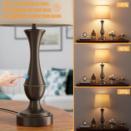 Tall D. Oat Shade & Brown Base Touch Lamps for Nightstand - 3 Way Dimmable with USB-C & USB-A Ports