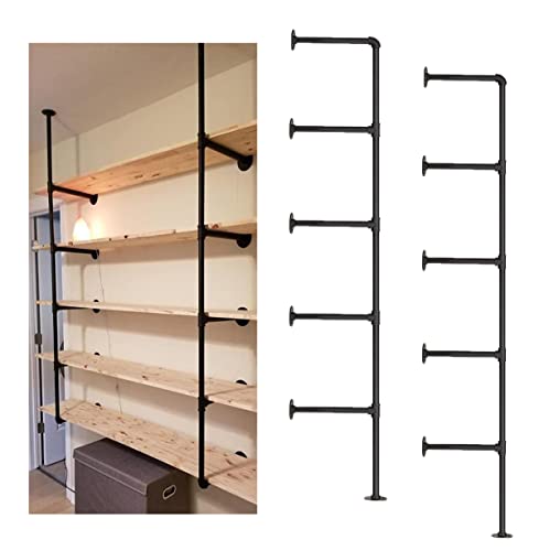 Industrial Wall Mount Pipe Shelf Brackets - 2-Pack, 5-Tier, 68" Tall Black Metal Storage Shelves