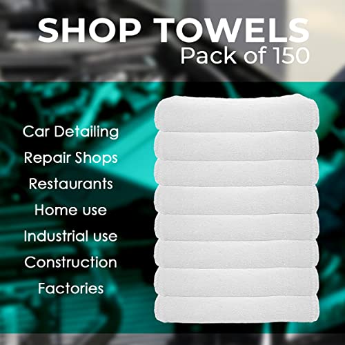 White Cotton Shop Towels Pack of 150 - 12x14 Inch Reusable Cleaning Rags