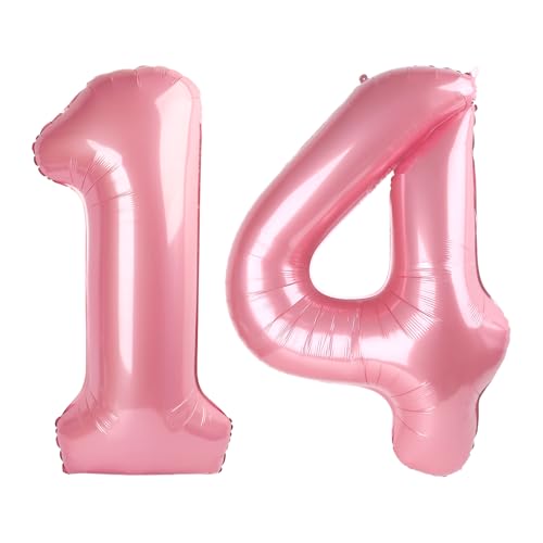 Pearlescent Pink Number 14 Balloons 40 inch, 14 Number Balloons, 14th Birthday Decorations for Girls 14 Year Old Pastel Pink Party Supplies