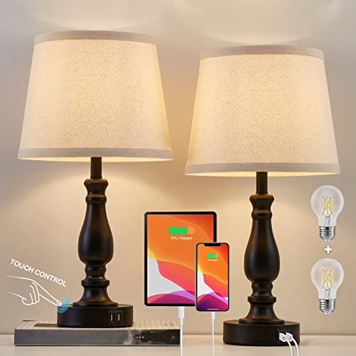 Bedroom Set of 2 Touch Dimmable Bedside Lamps with USB-C Ports - Light Oat Shade & Black Base
