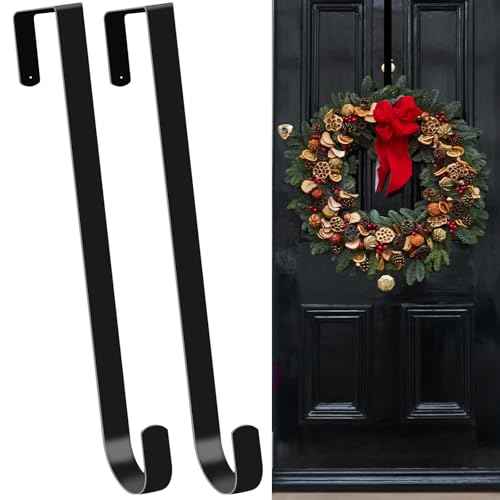 2 Pack 15" Black Wreath Hanger for Front Door, Metal Wreath Hooks Holder Over The Door Wreath Hanger for Hanging Christmas Decorations Xmas Decor