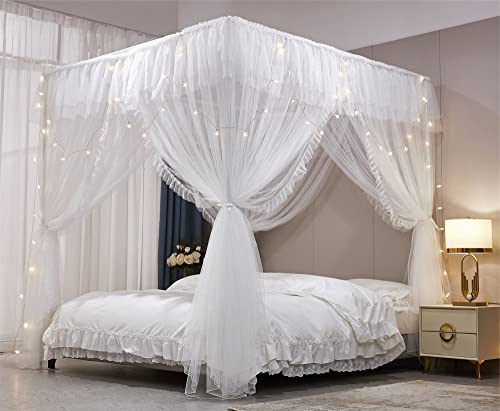 VETHIN White Double Layer Princess Bed Canopy Curtain for Queen Size Bed 59"W x 82"L