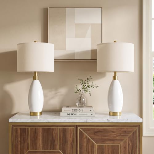 Set of 2 24-Inch Ceramic Table Lamps for Bedroom Living Room White
