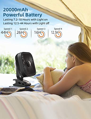 20000mAh Rechargeable Clip-on Fan with Light & Hook for Camping, Outdoor & Desk Use