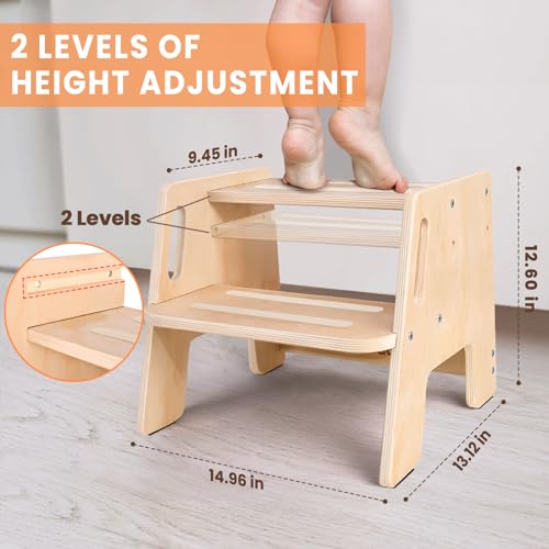 Woodure Wooden Height-Adjustable 2-Step Toddler Stool with Handles - Original Wooden Colour