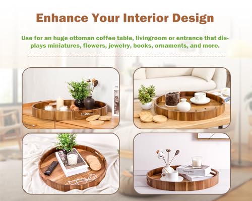 22-Inch Round Acacia Wood Ottoman Serving Tray with Handles - Large Decorative Organizer