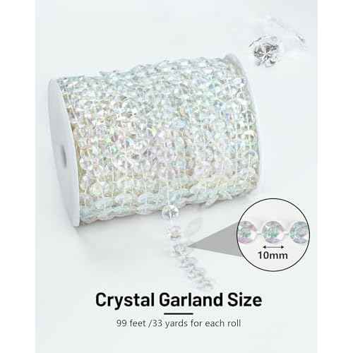99FT Crystal Garland Strands, Acrylic Iridescent Crystal Beads String Roll, Diamond-Shaped Crystal Garland for Christmas Tree Wedding Party Decorations Beaded Curtain DIY Crafting Projects