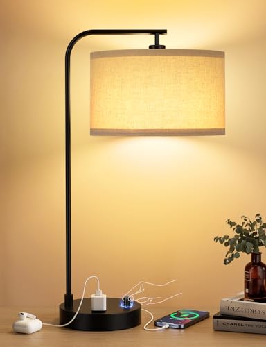 20.7 Inch Dimmable Nightstand Table Lamp with USB & Outlet - Beige Shade & Black Base