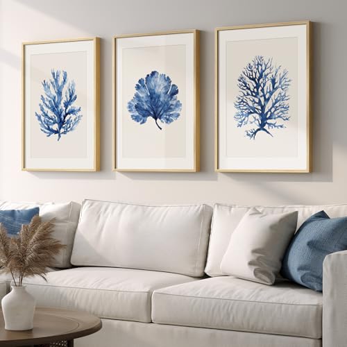 Cuspin 3-Piece Coastal Ocean Blue Coral Wall Art Set 16x24 Inches with Mat