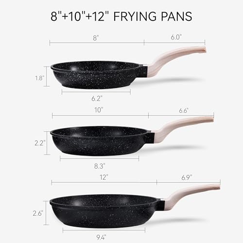 CAROTE Non-Stick Granite Frying Pan Set 8-inch 10-inch 12-inch Black