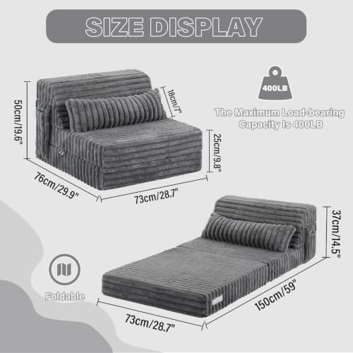 Tiita Corduroy Grey Folding Sofa Bed - Single Size Convertible Lounge Chair Mattress with Pillow & Side Pocket