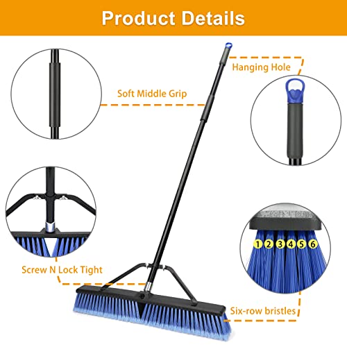 24-Inch Heavy Duty Outdoor Push Broom 2-Pack for Deck Garage Driveway Cleaning — Blue, Ergonomic Handle