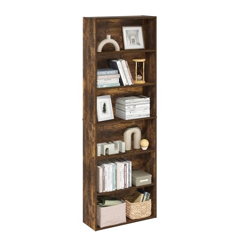 Furinno Jaya Simply 6-Tier Open Storage Bookcase - Amber Pine, Slim Tall Shelving