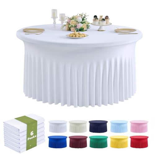 White Fitted Round Spandex Tablecloths 6 Pack for 60 Inch Tables - Wrinkle-Free, Stretchy, Elegant 5FT Cover with Skirt