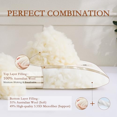 Queen Size Wool Pillow Set of 2 - Flat, Breathable Cotton Cover, Off White